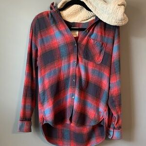 American Eagle Plaid Button-Up Shirt with Cozy Hood